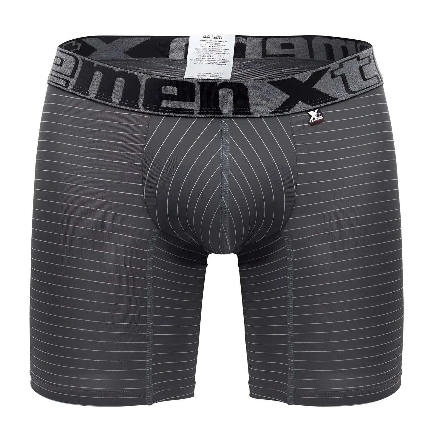 Dark gray men’s boxer briefs with white pinstripes and x-men xt logo waistband from xtremen 70004 plus collection