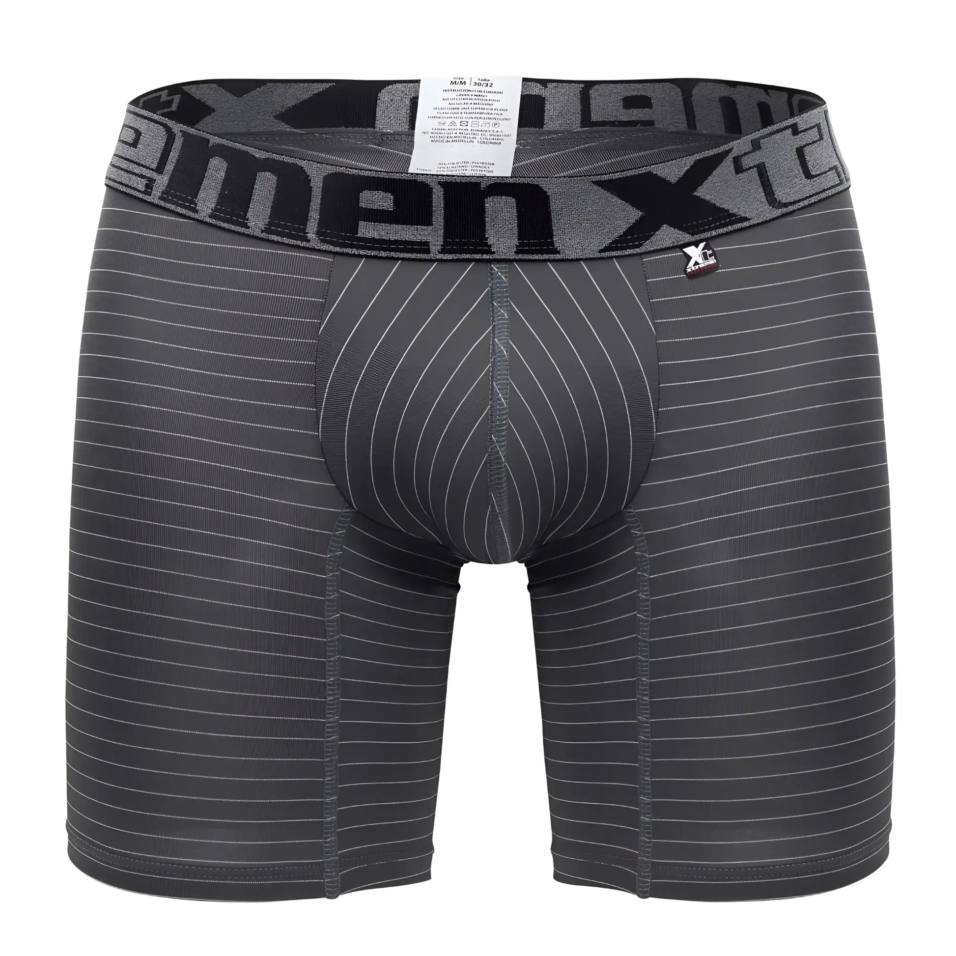 Dark gray men’s boxer briefs with white pinstripes and x-men xt logo waistband from xtremen 70004 plus collection