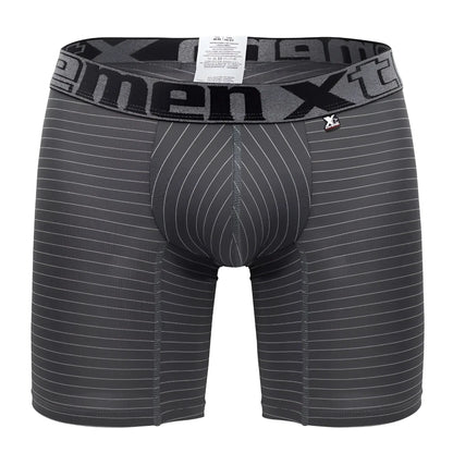 Dark gray men’s boxer briefs with white pinstripes and x-men xt logo waistband from xtremen 70004 plus collection