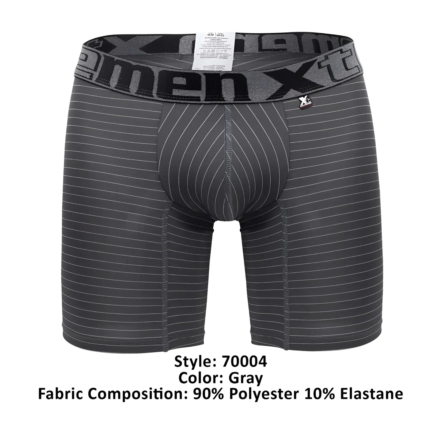 Gray men’s boxer briefs xtremen 70004 plus with subtle white pinstripes and branded elastic waistband
