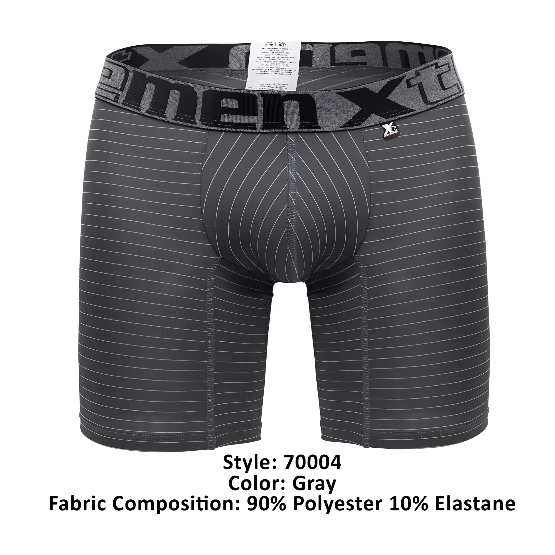 Gray men’s boxer briefs xtremen 70004 plus with subtle white pinstripes and branded elastic waistband