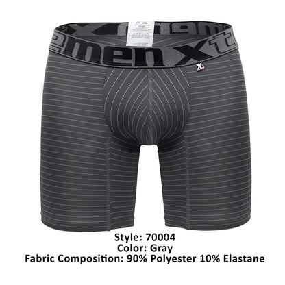 Gray men’s boxer briefs xtremen 70004 plus with subtle white pinstripes and branded elastic waistband