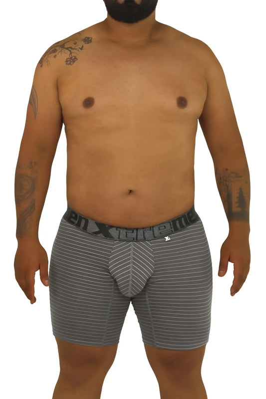 Gray striped boxer briefs with black elastic waistband featuring xtreme brand name from xtremen 70004 plus collection