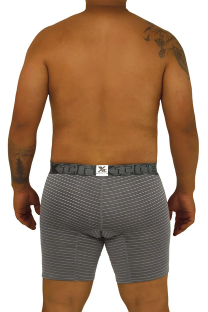 Gray striped boxer briefs with black elastic waistband featuring xtreme brand logo from xtremen 70004 plus collection