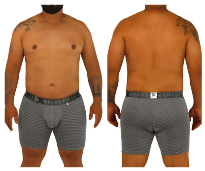 Gray striped men’s boxer briefs with black elastic waistband featuring the xtreme logo from xtremen 70004 plus