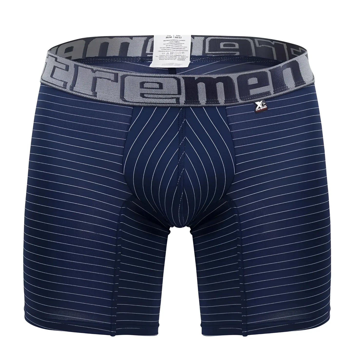 Navy blue xtremen 70004 plus boxer briefs with white vertical pinstripes and gray reemen waistband for comfort