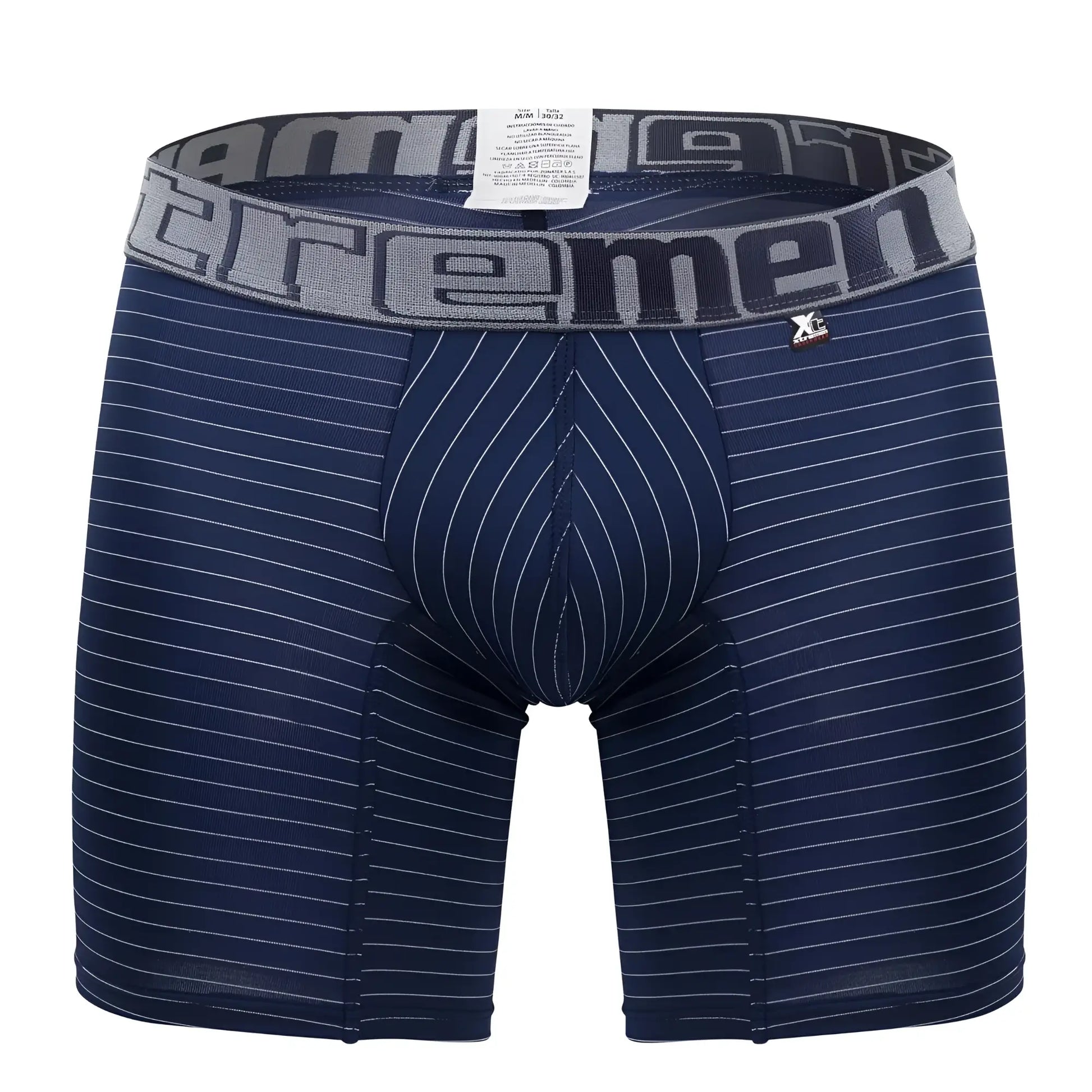 Navy blue xtremen 70004 plus boxer briefs with white vertical pinstripes and gray reemen waistband for comfort