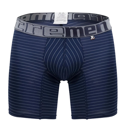 Navy blue xtremen 70004 plus boxer briefs with white vertical pinstripes and gray reemen waistband for comfort