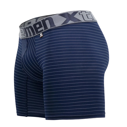 Navy blue men’s boxer briefs with white pinstripes and gray waistband featuring xtreme logo in xtremen 70004 plus model