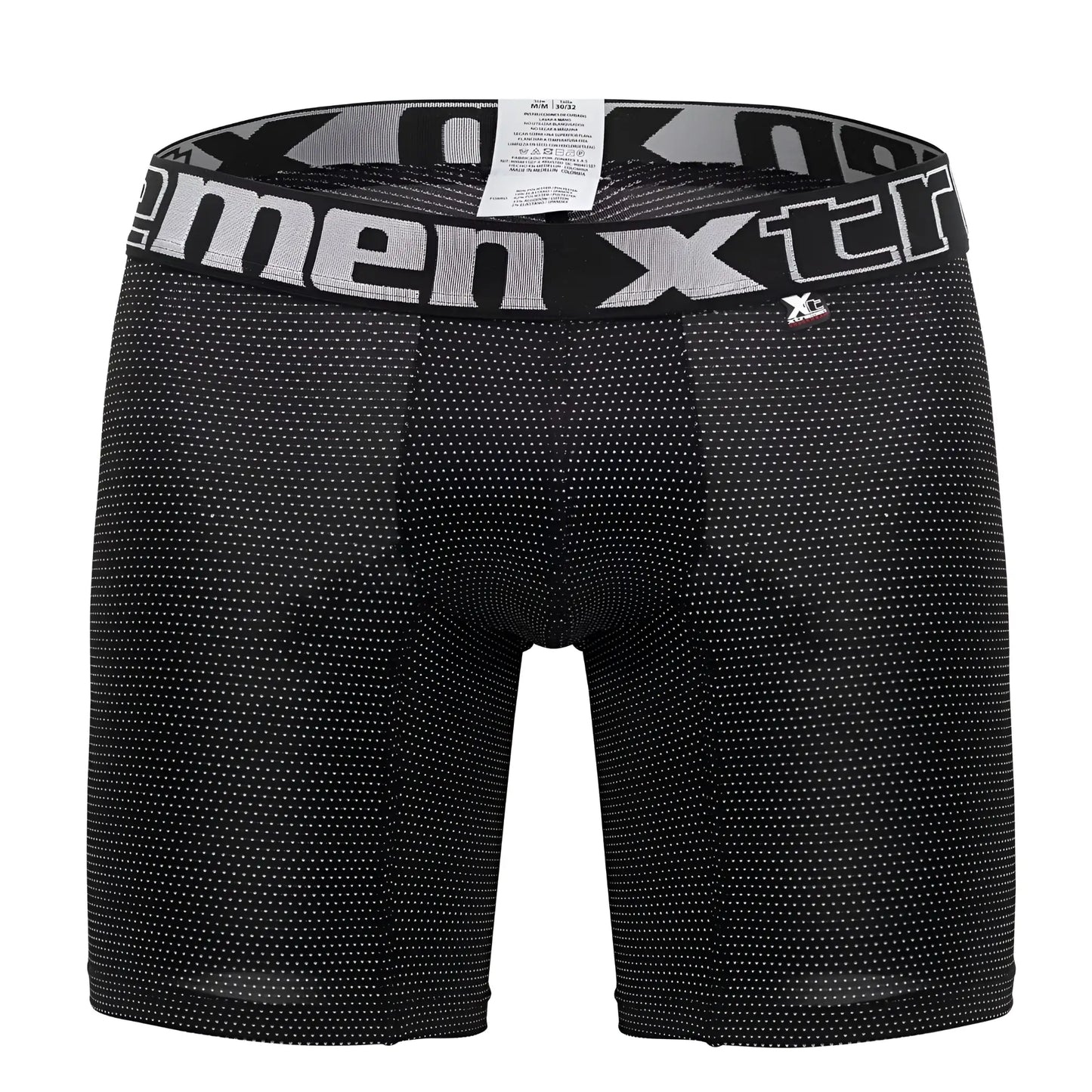 Black men’s boxer briefs xtremen 70005 plus with subtle white dot pattern and gray waistband featuring xtreme logo