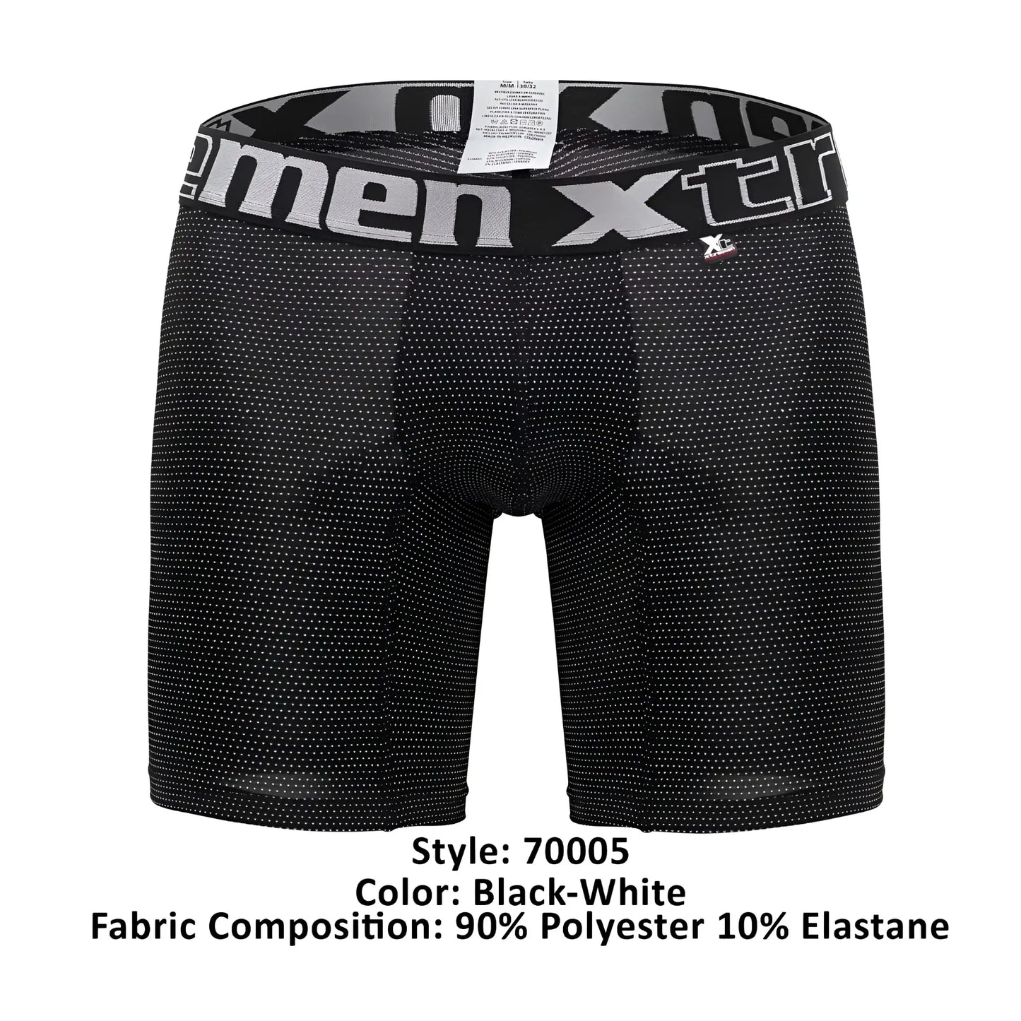 Black men’s boxer briefs xtremen 70005 plus with subtle white dot pattern and gray black xtreme logo waistband