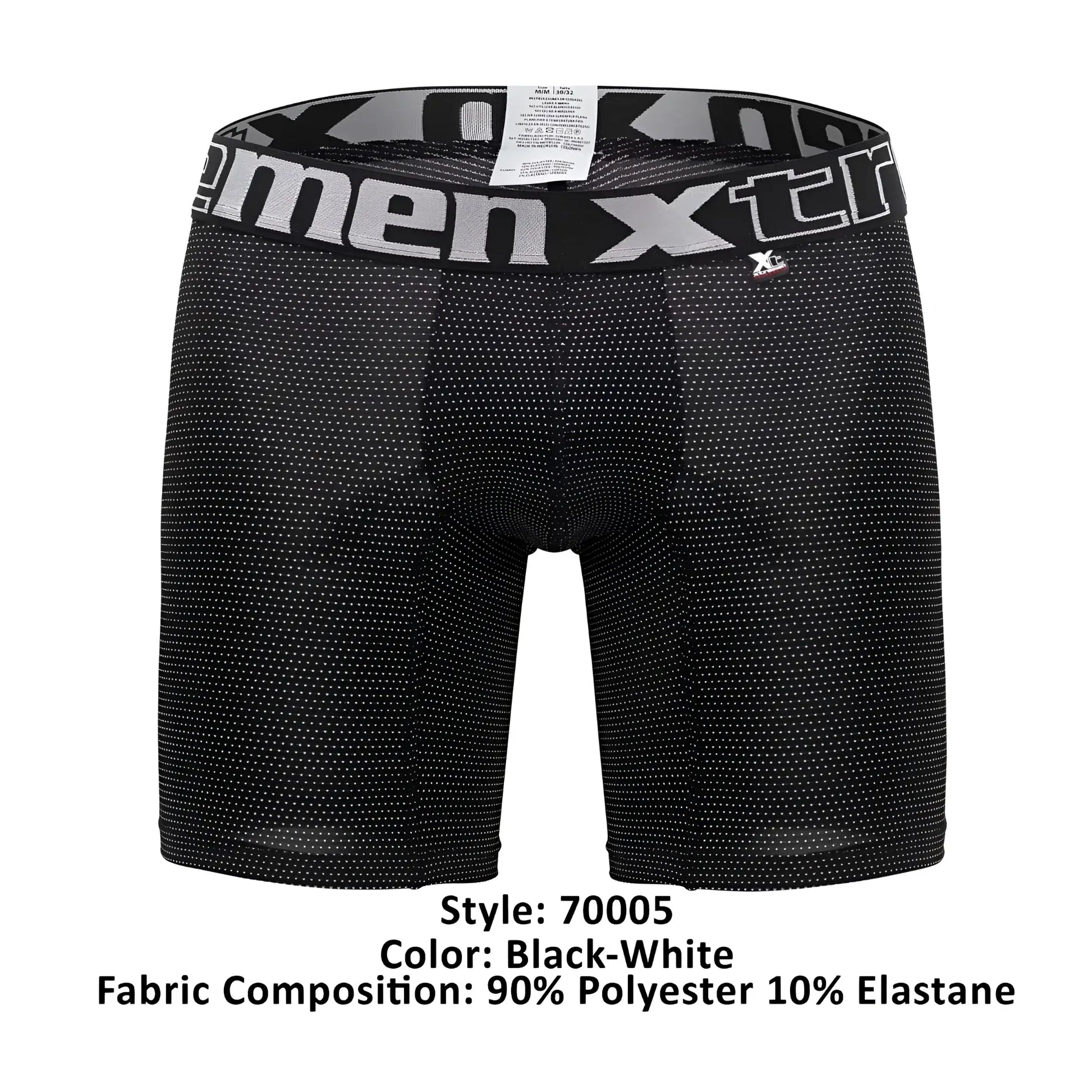 Black men’s boxer briefs xtremen 70005 plus with subtle white dot pattern and gray black xtreme logo waistband