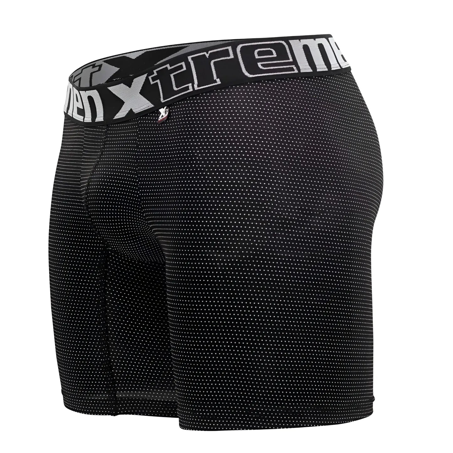 Black men’s Xtremen 70005 Plus boxer briefs with subtle white dot pattern and branded elastic waistband