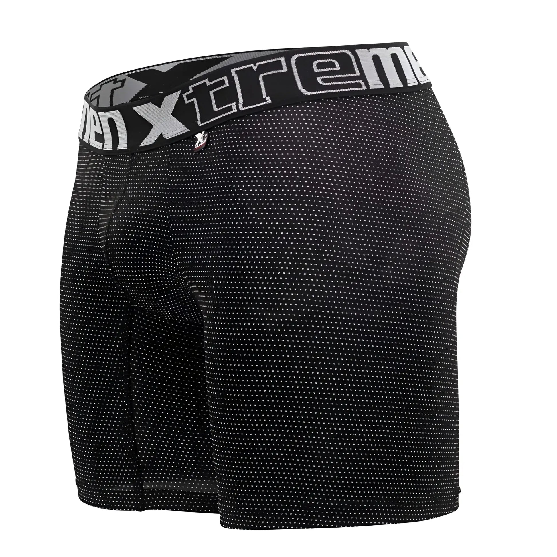 Black men’s Xtremen 70005 Plus boxer briefs with subtle white dot pattern and branded elastic waistband