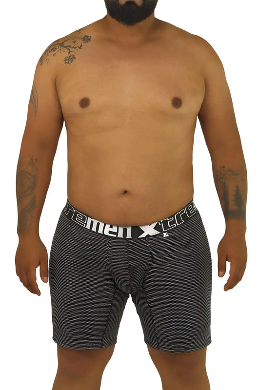 Xtremen 70005 plus black and white patterned men’s boxer briefs with branded waistband and comfortable fit