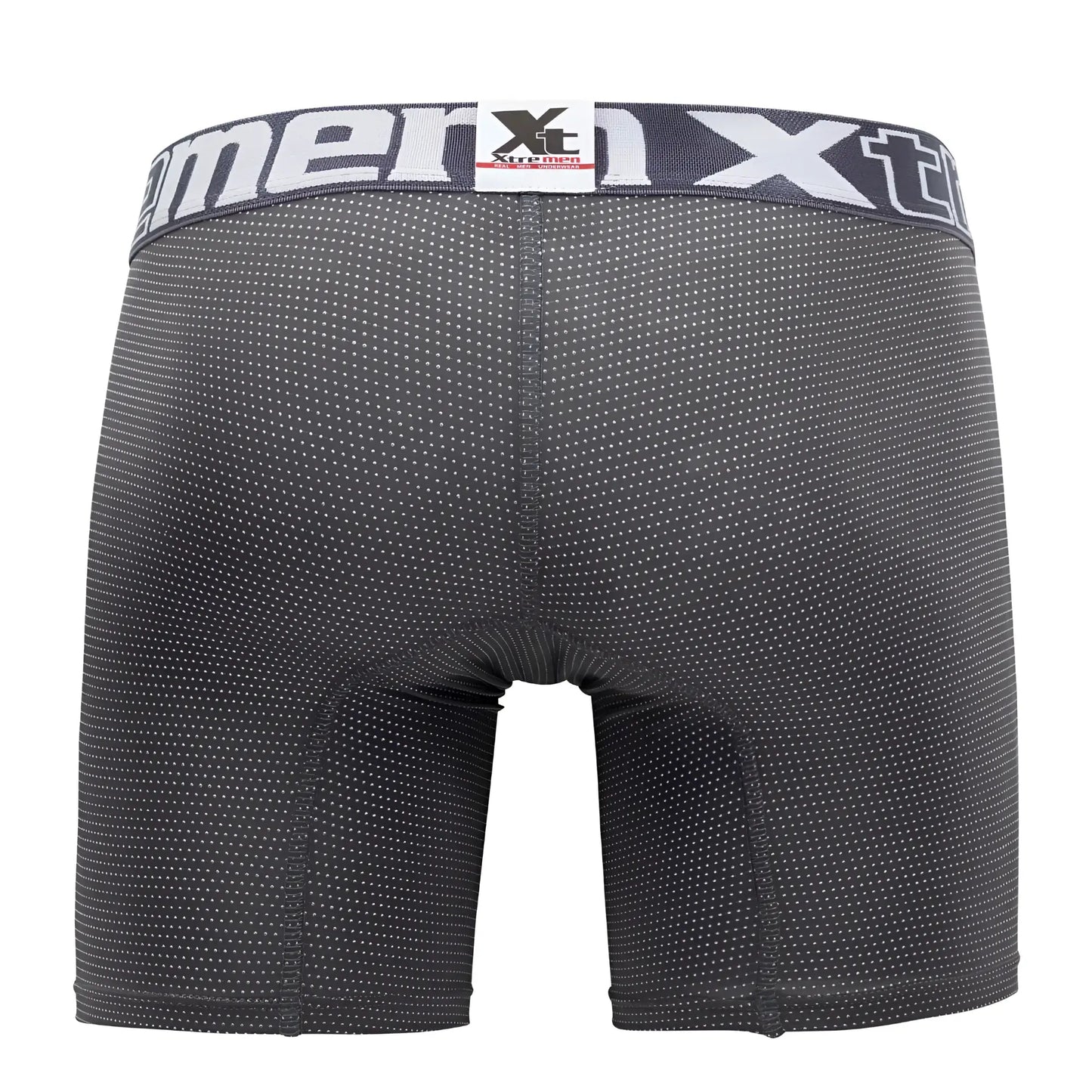 Black Xtremen 70005 Plus men’s boxer briefs with subtle white dot pattern and gray waistband featuring xt logo