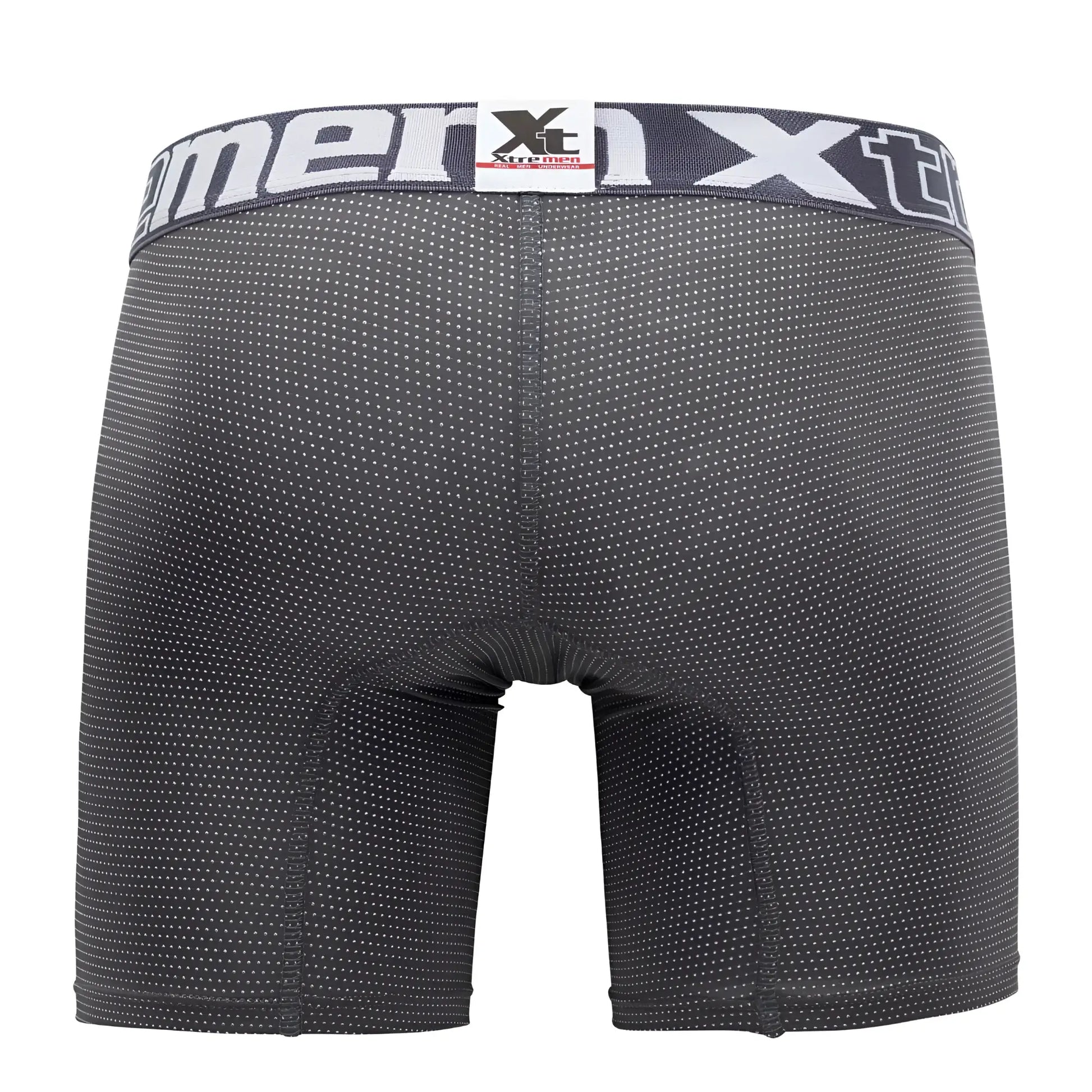 Black Xtremen 70005 Plus men’s boxer briefs with subtle white dot pattern and gray waistband featuring xt logo