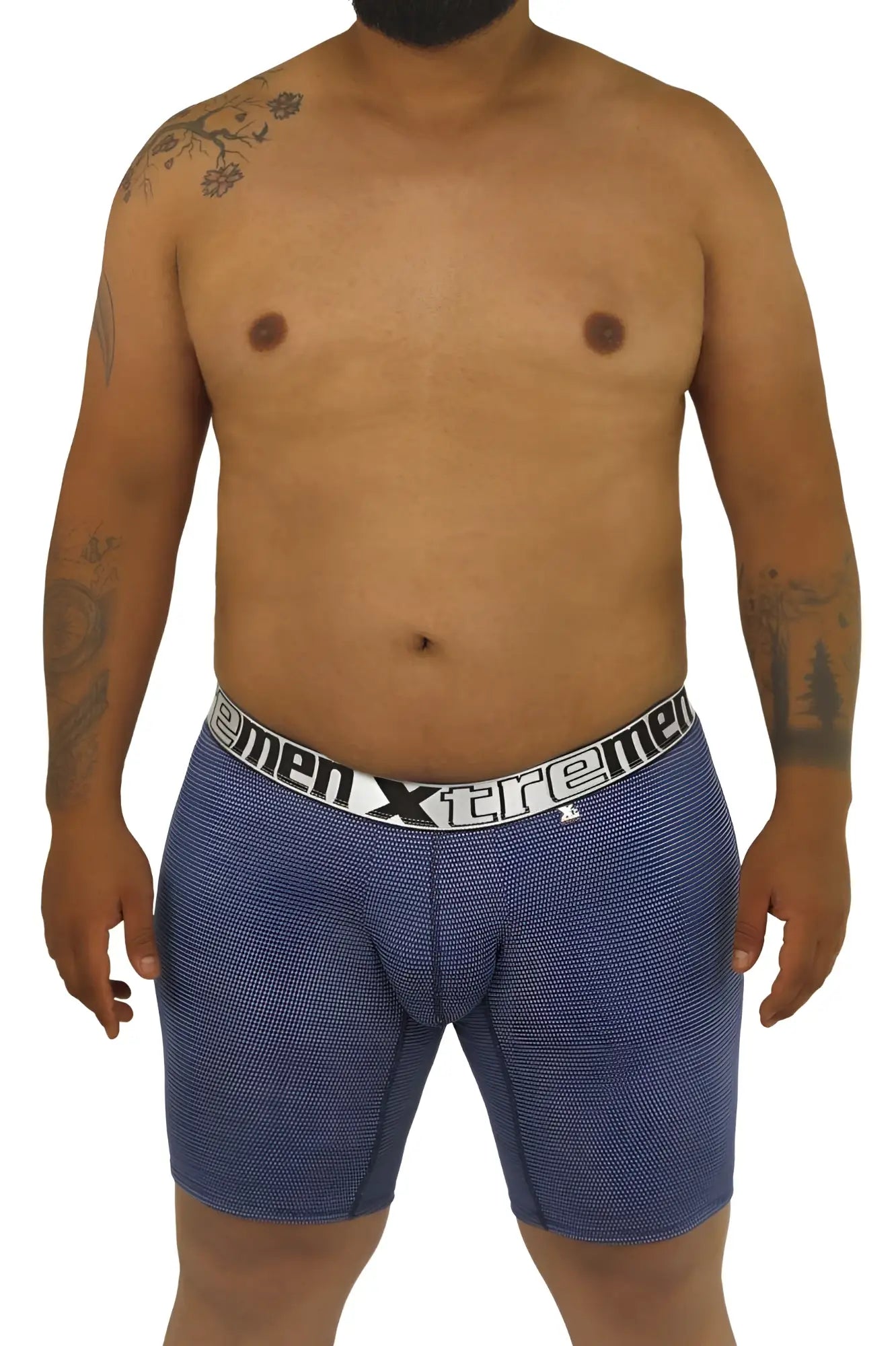 Blue patterned men’s boxer briefs with white elastic waistband and xtreme logo from xtremen 70005 plus collection