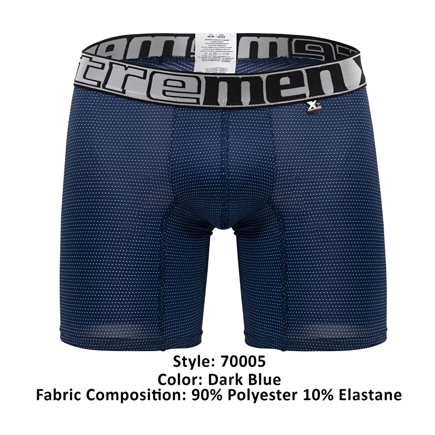 Dark blue xtremen 70005 plus boxer briefs with white dots and gray waistband featuring extreme brand name in black