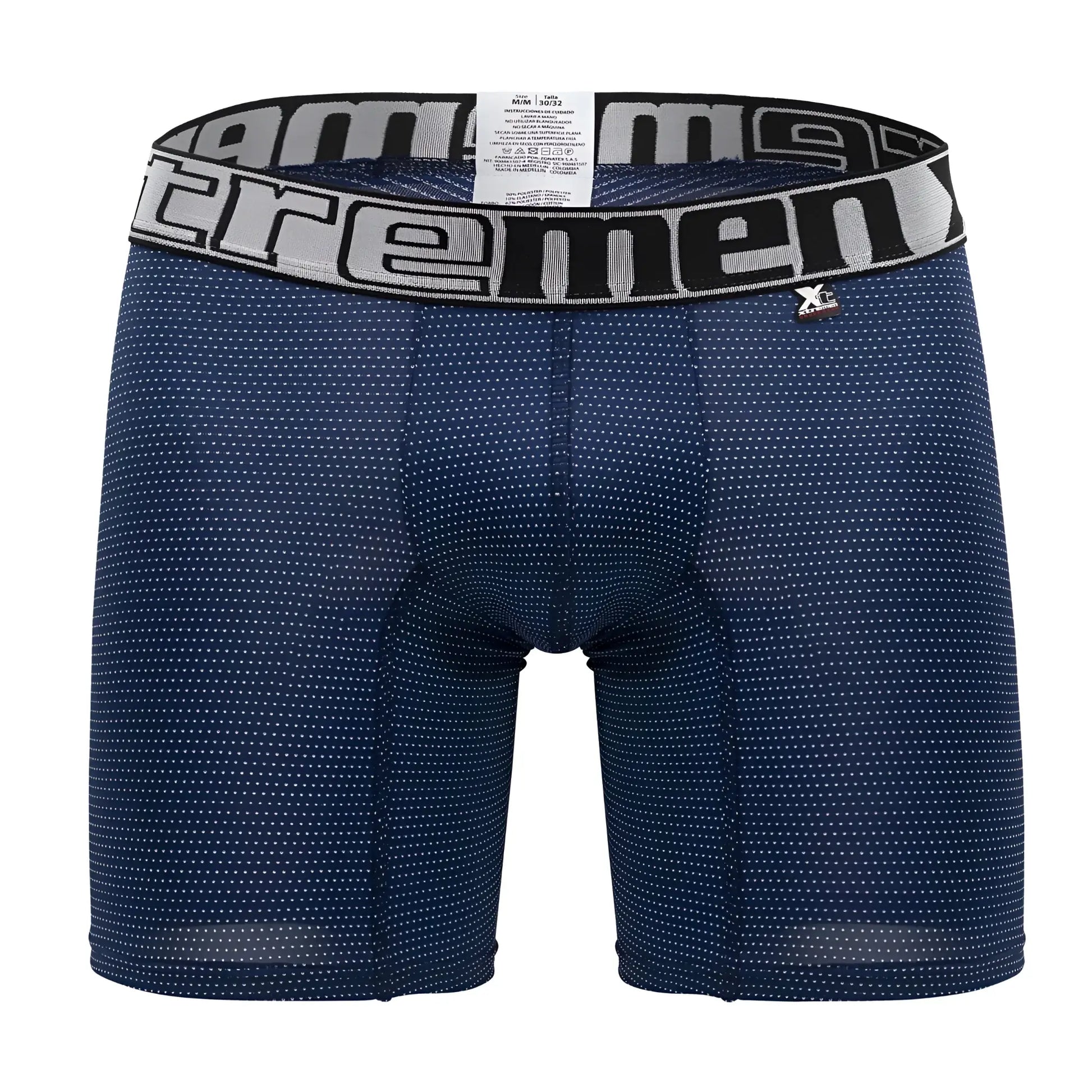 Dark blue xtremen 70005 plus boxer briefs with subtle white dots and black waistband featuring extreme logo in gray