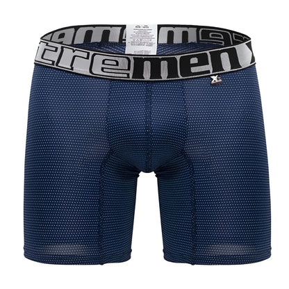 Dark blue xtremen 70005 plus boxer briefs with subtle white dots and black waistband featuring extreme logo in gray