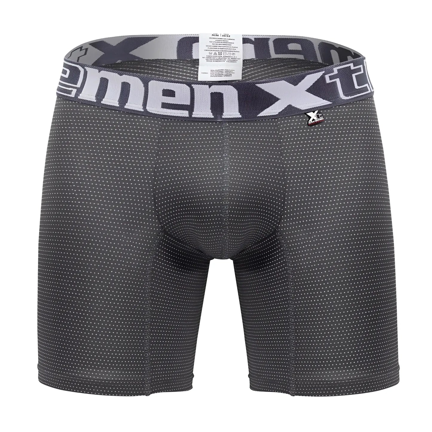 Dark gray men’s Xtremen 70005 plus boxer briefs with subtle white dots and matching waistband with xtreme logo