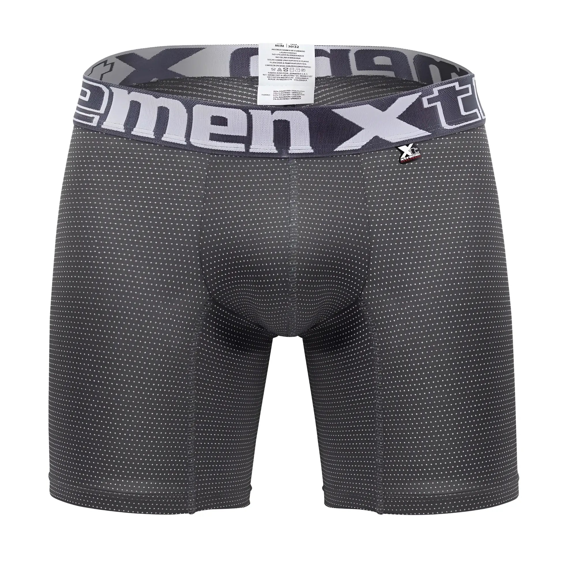 Dark gray men’s Xtremen 70005 plus boxer briefs with subtle white dots and matching waistband with xtreme logo