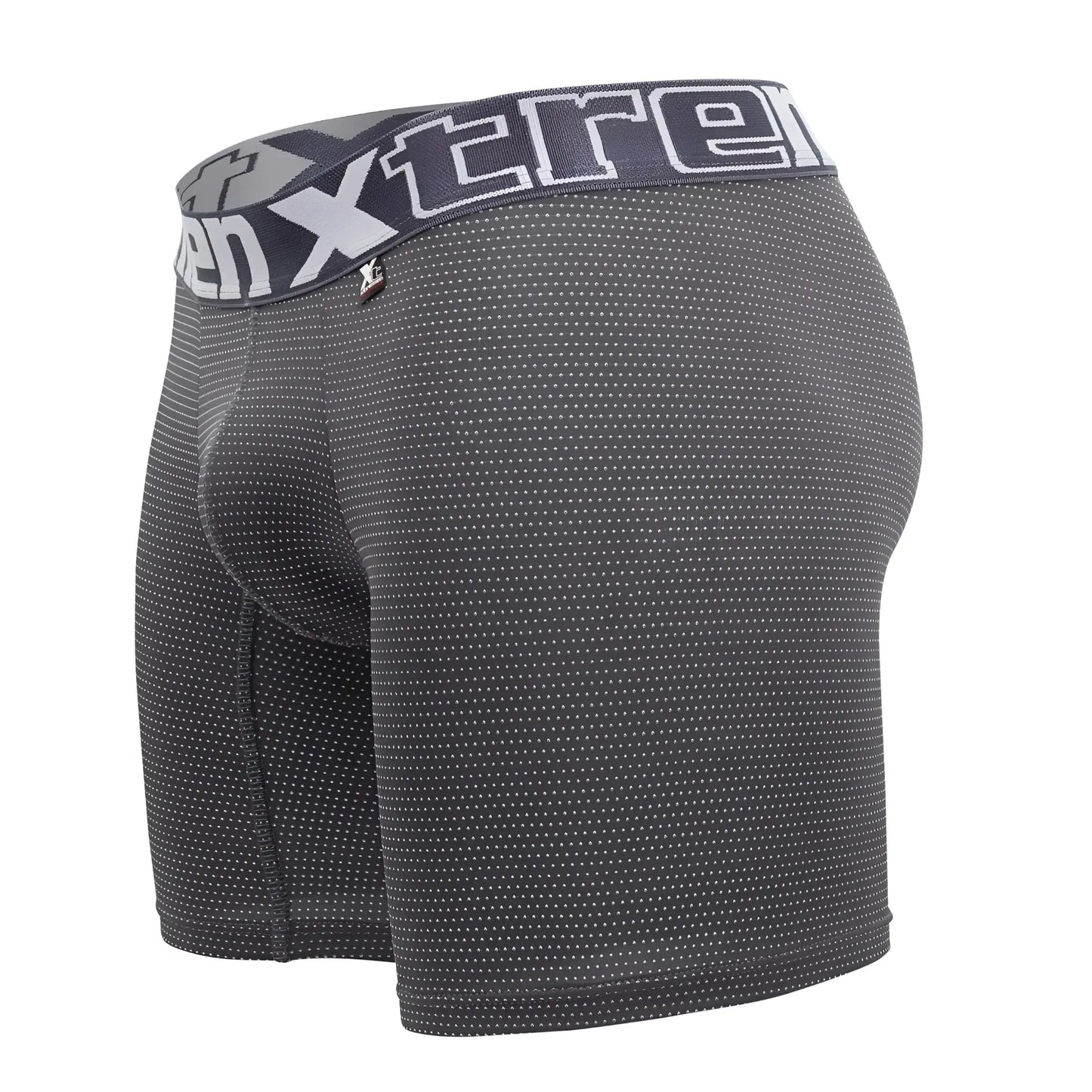 Dark gray xtreme boxer briefs with white dot pattern and matching elastic waistband featuring xtreme logo plus model