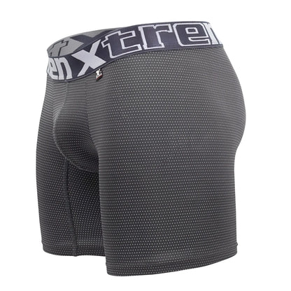 Dark gray xtreme boxer briefs with white dot pattern and matching elastic waistband featuring xtreme logo plus model