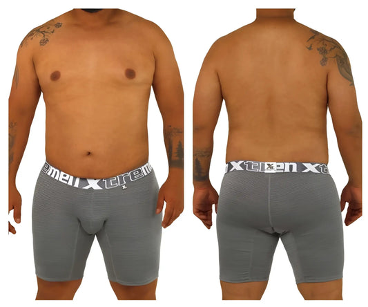 Gray textured men’s boxer briefs with white elastic waistband and xtreme brand logo xtremen 70005 plus model