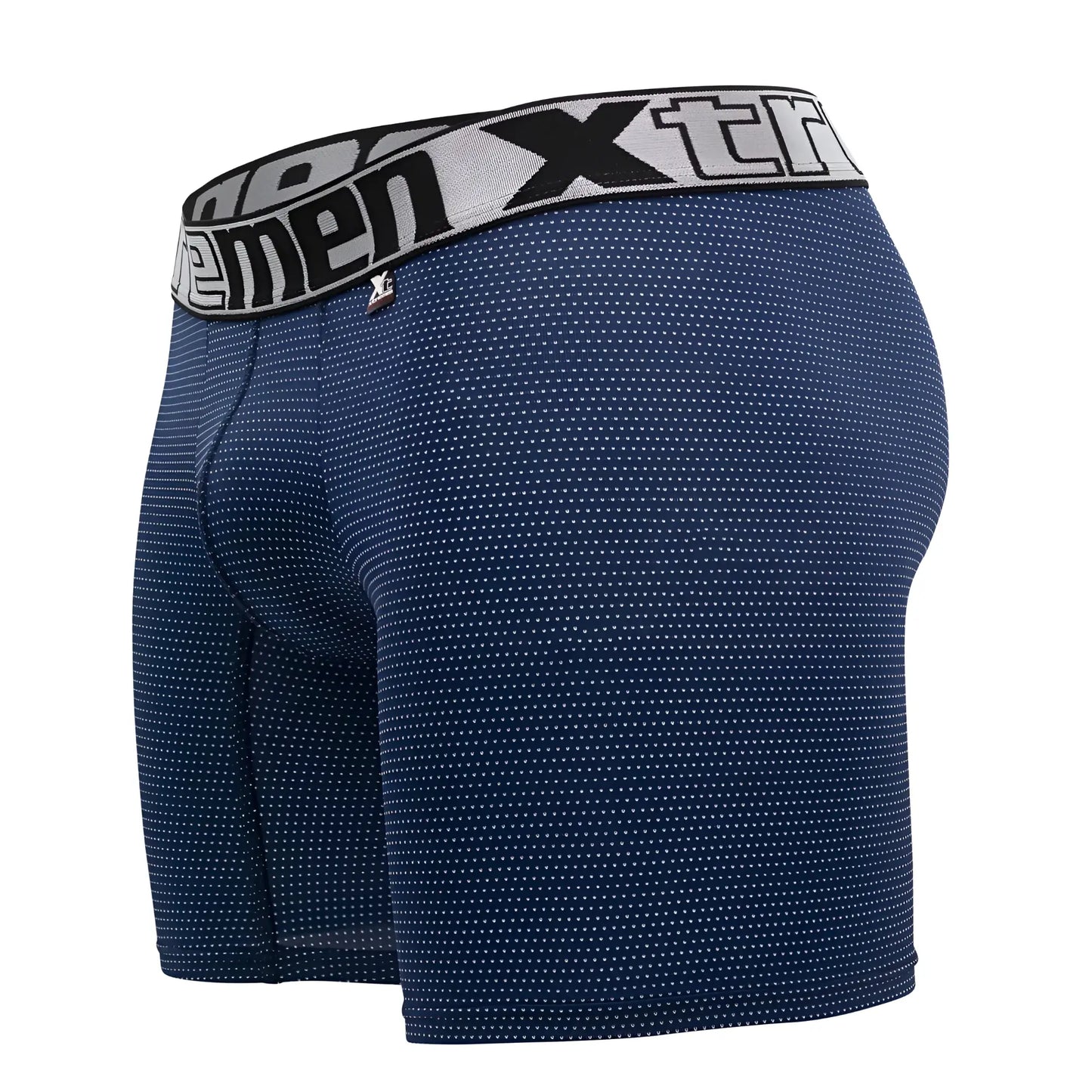 Navy blue xtremen 70005 plus boxer briefs with subtle white dots and gray waistband featuring xtreme logo
