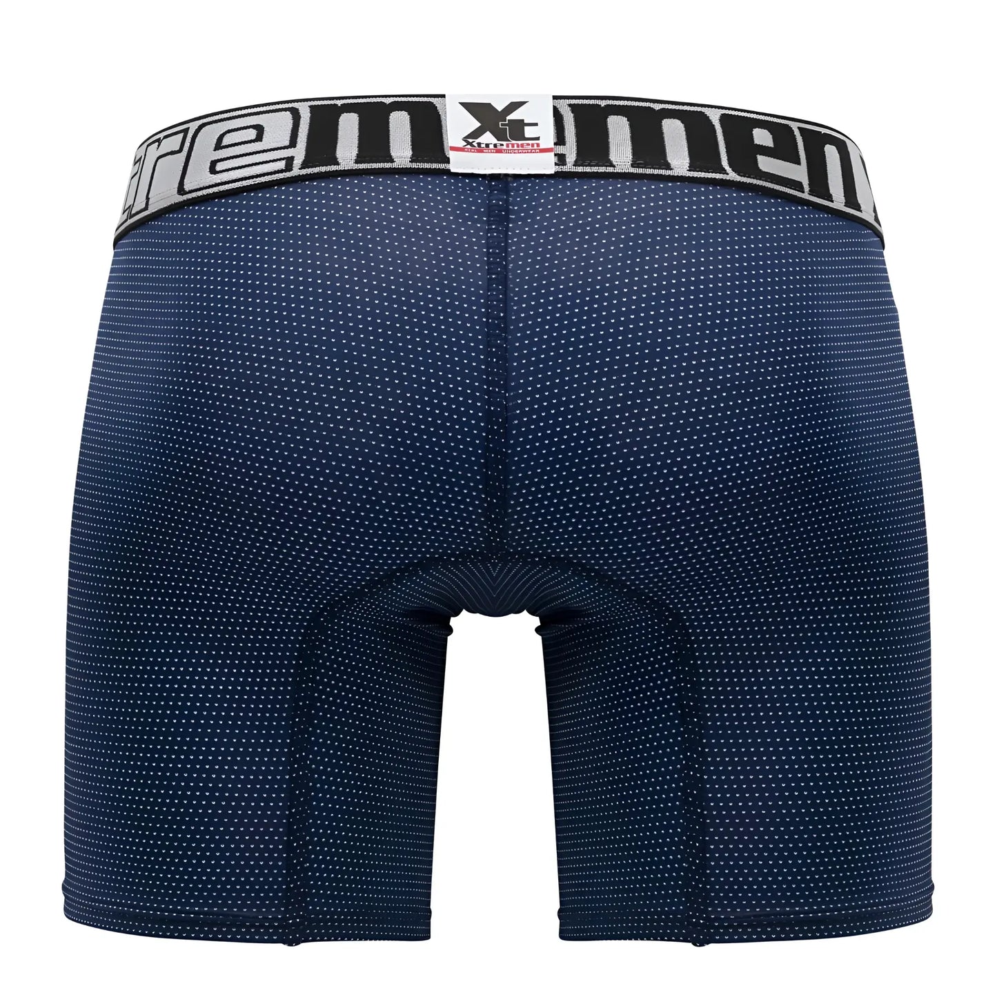 Navy blue xtremen 70005 plus boxer briefs with subtle white dots and gray waistband with xtreme men logo