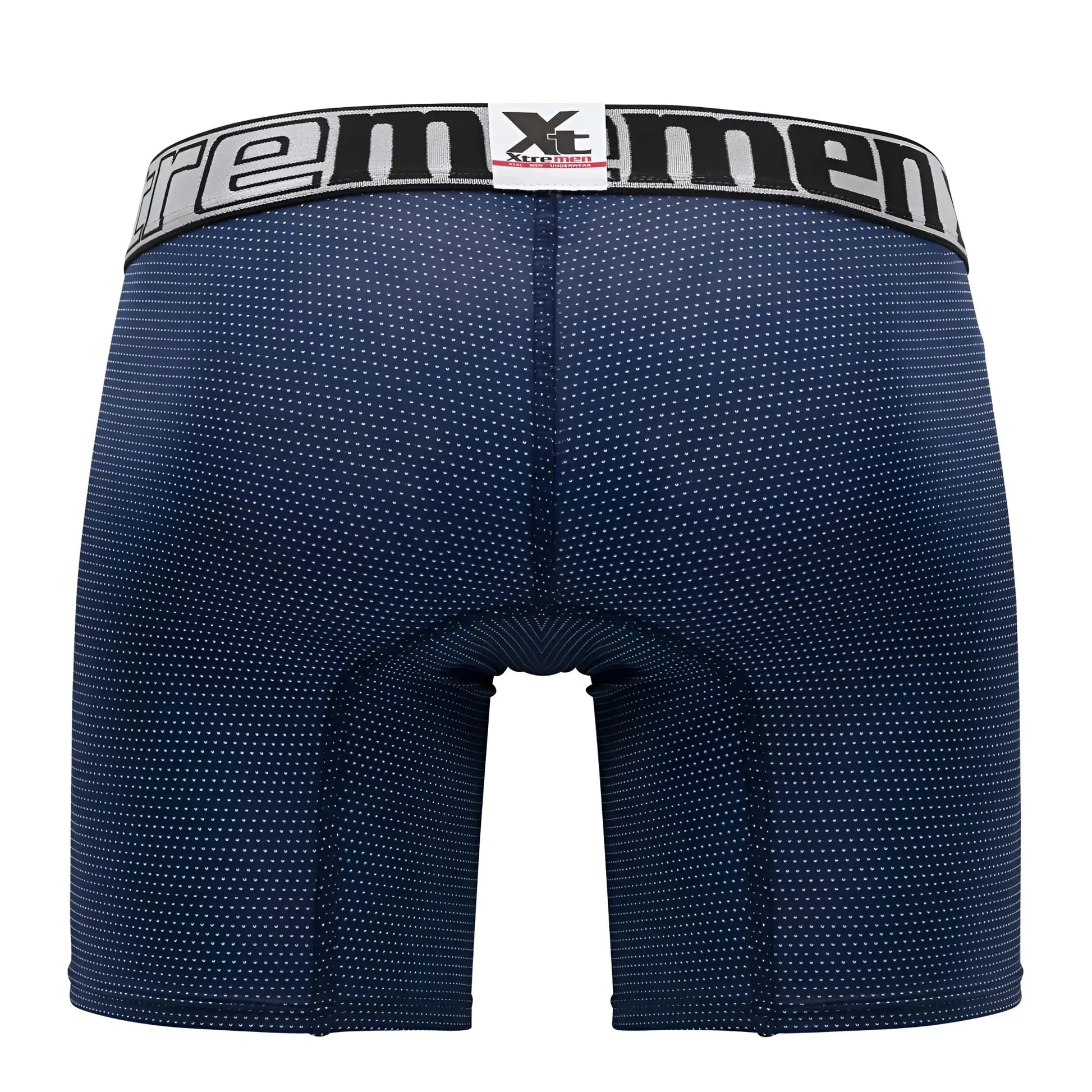 Navy blue xtremen 70005 plus boxer briefs with subtle white dots and gray waistband with xtreme men logo