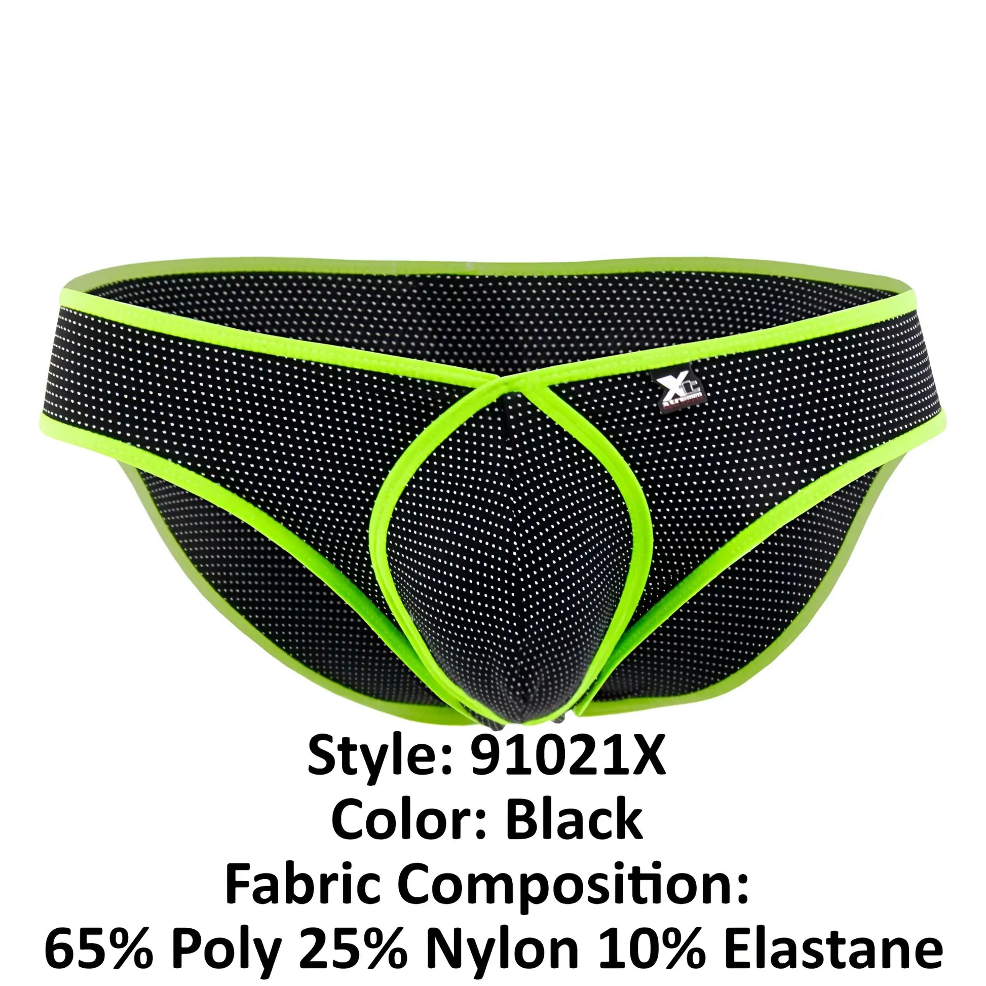 Xtremen 91021X black microfiber athletic briefs with neon green trim and x-shaped front design with subtle dot pattern