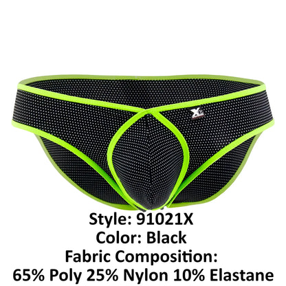 Xtremen 91021X black microfiber athletic briefs with neon green trim and x-shaped front design with subtle dot pattern
