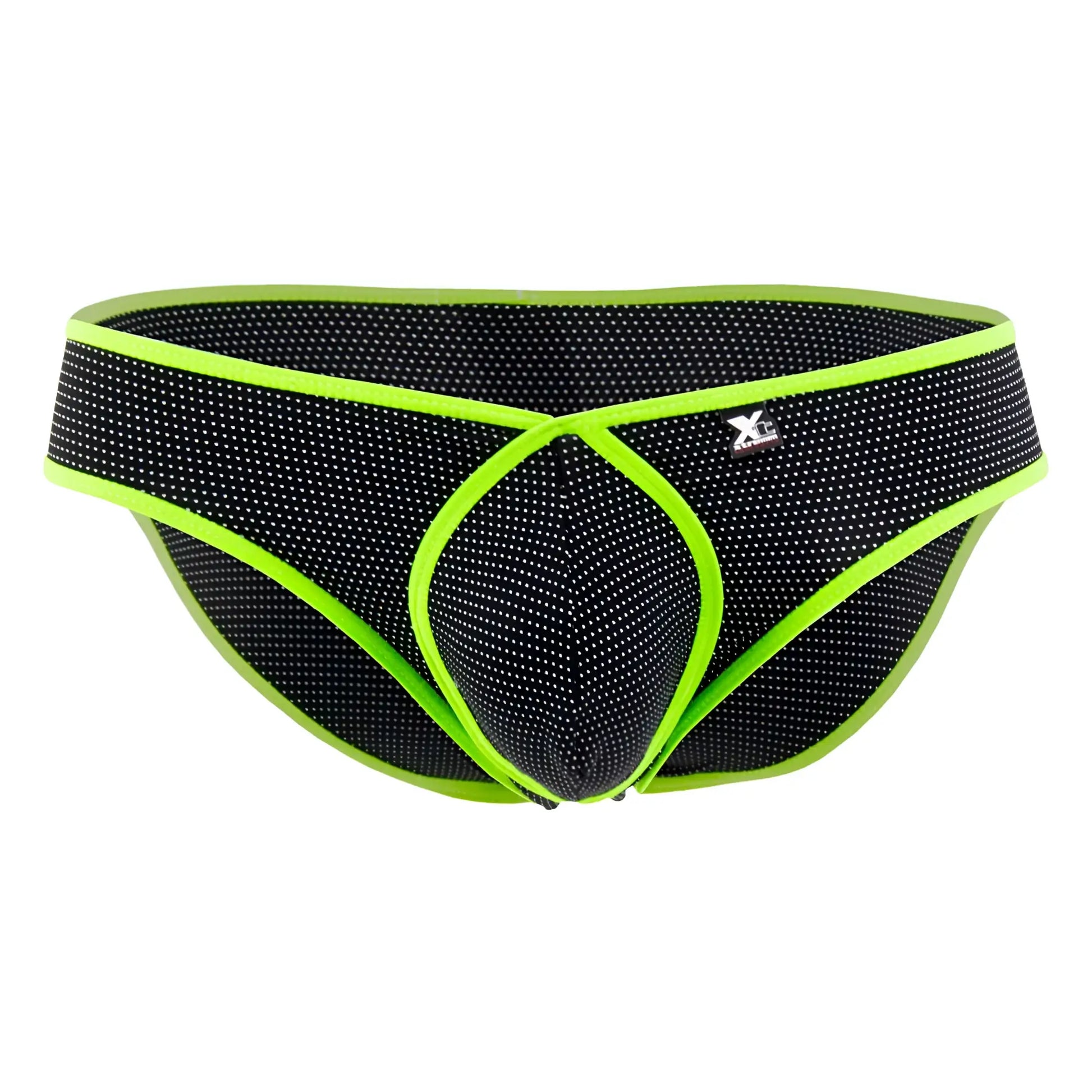 Black xtremen 91021x microfiber briefs with neon green trim mesh fabric and xl logo on the waistband