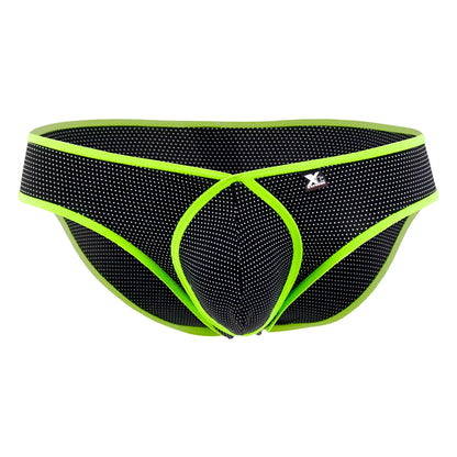 Black xtremen 91021x microfiber briefs with neon green trim mesh fabric and xl logo on the waistband