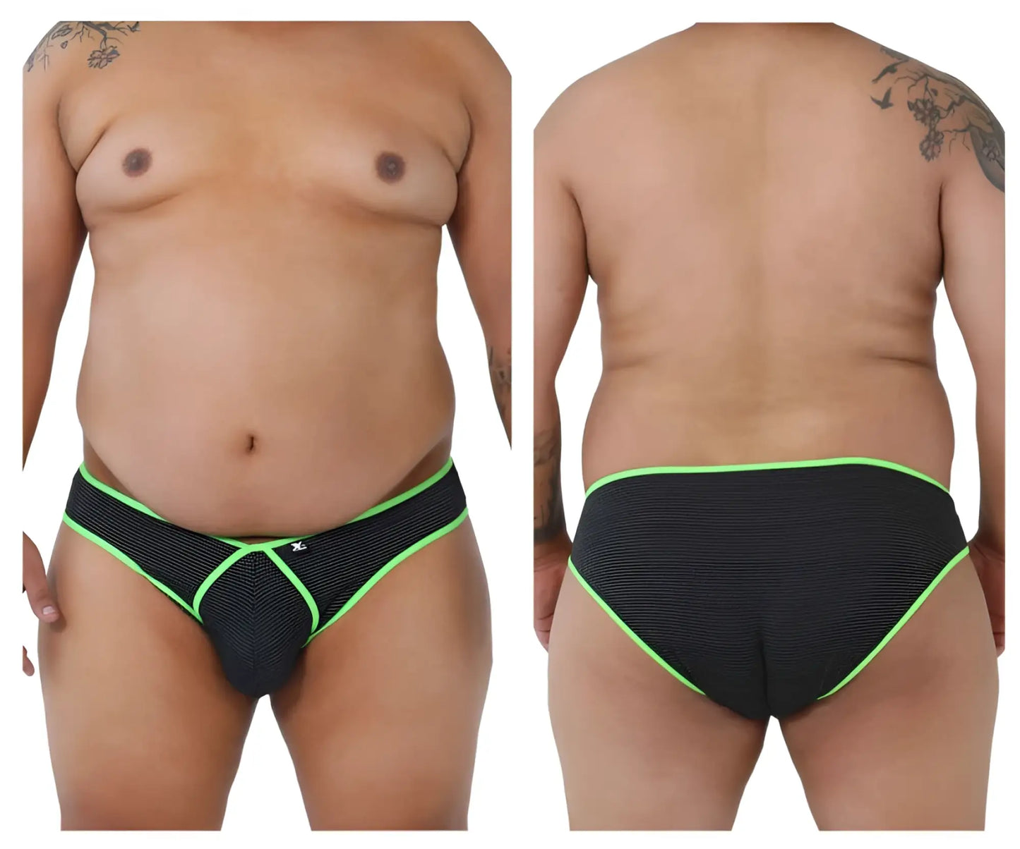 Xtremen 91021X black microfiber briefs with neon green trim and a small white logo on the front made of mesh