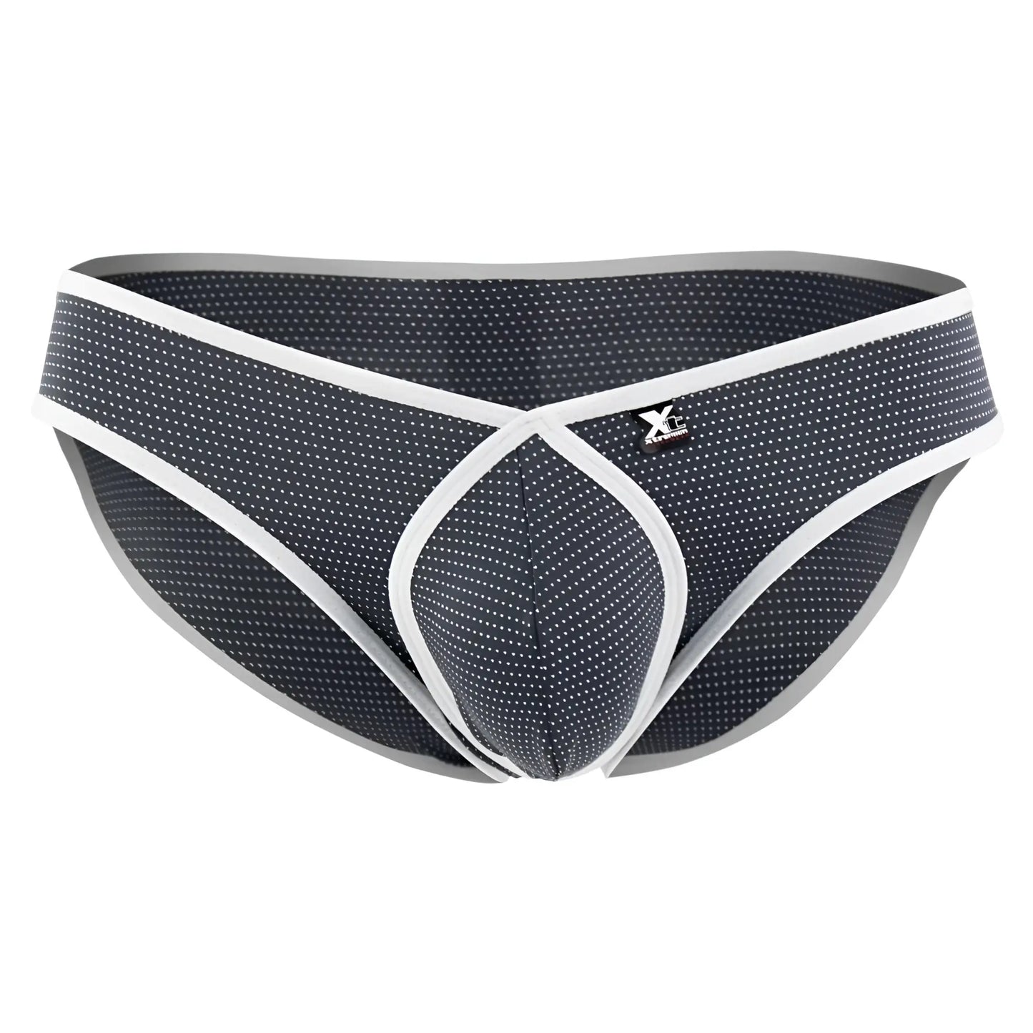 Gray xtremen 91021x microfiber men’s briefs with black and white pattern, dot texture, and white trim on front side