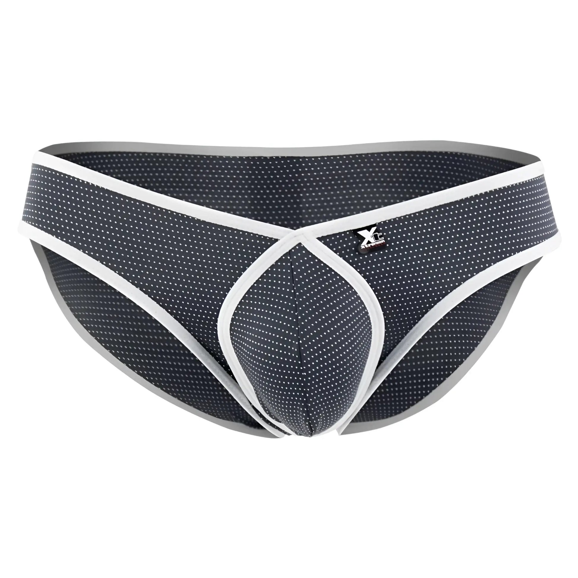 Gray xtremen 91021x microfiber men’s briefs with black and white pattern, dot texture, and white trim on front side
