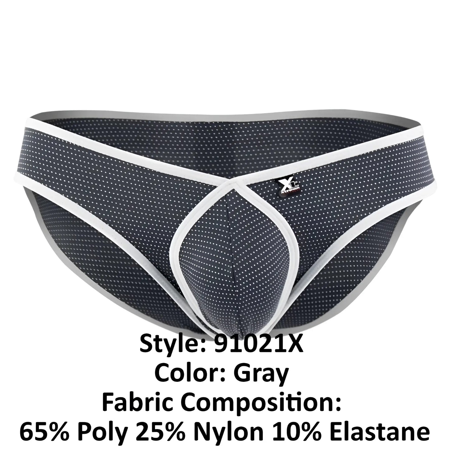 Xtremen 91021x gray microfiber men’s briefs with subtle white dots, contrasting trim, and x-shaped front design