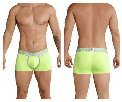 Bright neon green Xtremen 91028 piping boxer briefs with gray elastic waistband featuring x1 logo