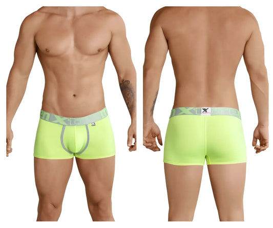 Bright neon green Xtremen 91028 piping boxer briefs with gray elastic waistband featuring x1 logo