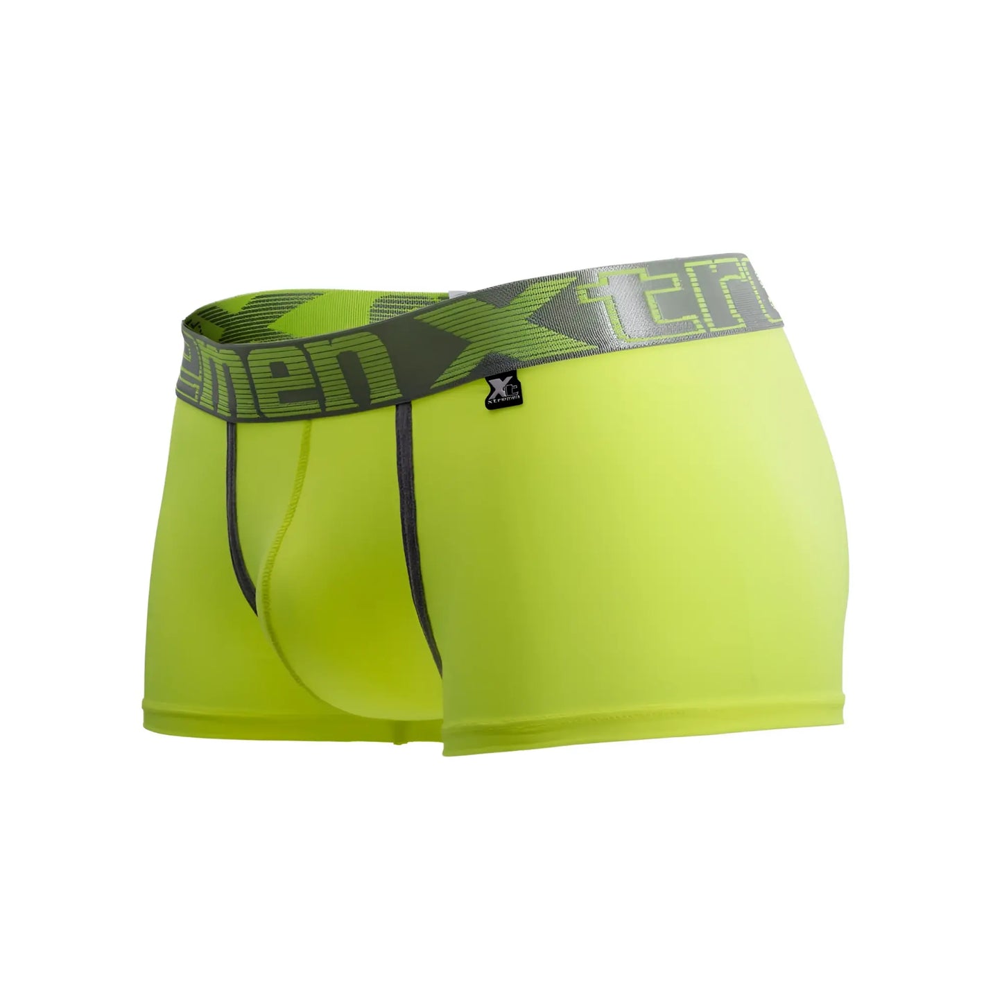 Bright neon green xtremen 91028 piping men’s boxer briefs with gray x-terra waistband and black leg trim