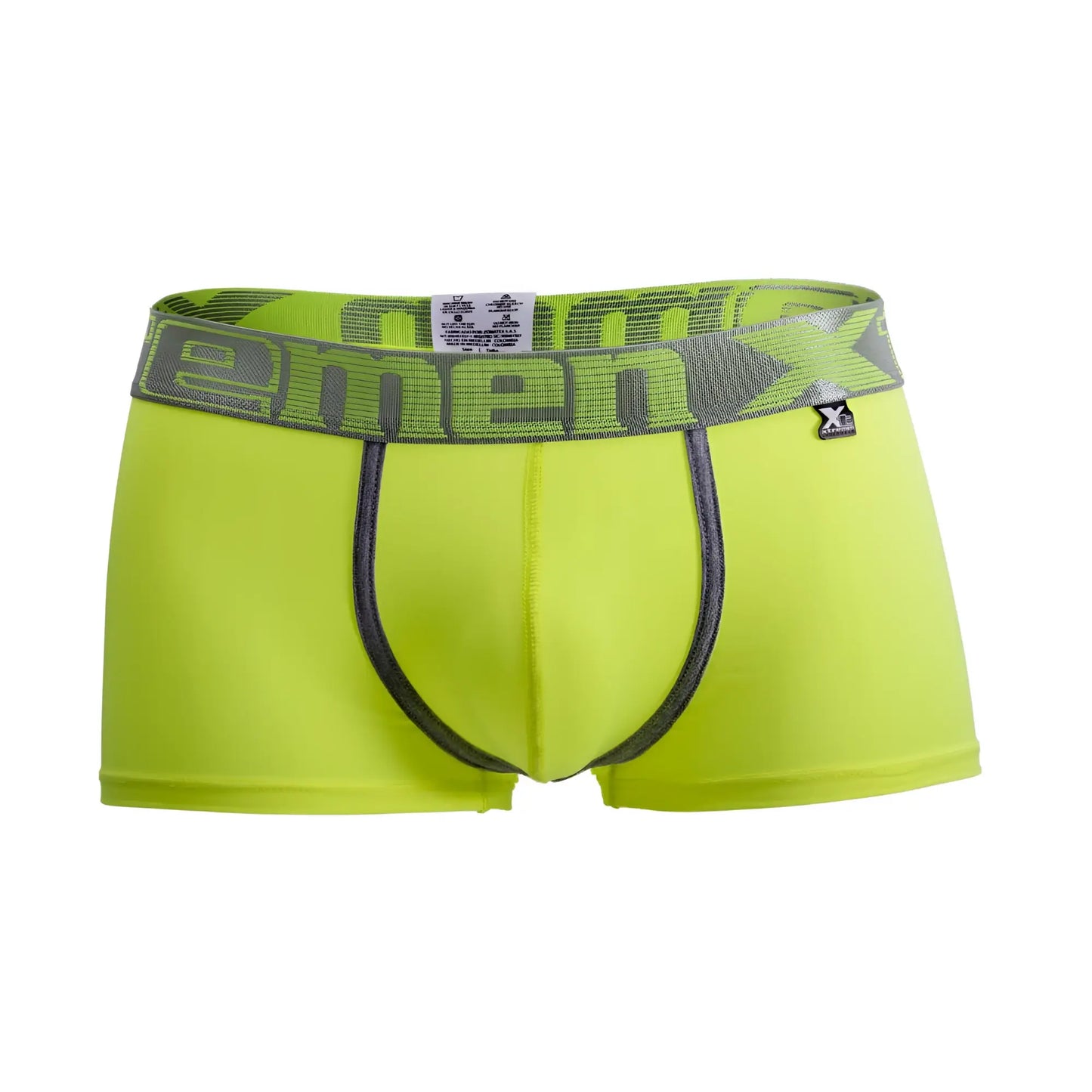 Bright neon green men’s xtremen 91028 piping boxer briefs with gray emenx waistband and black leg stitching
