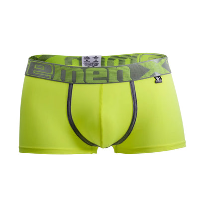 Bright neon green men’s xtremen 91028 piping boxer briefs with gray emenx waistband and black leg stitching