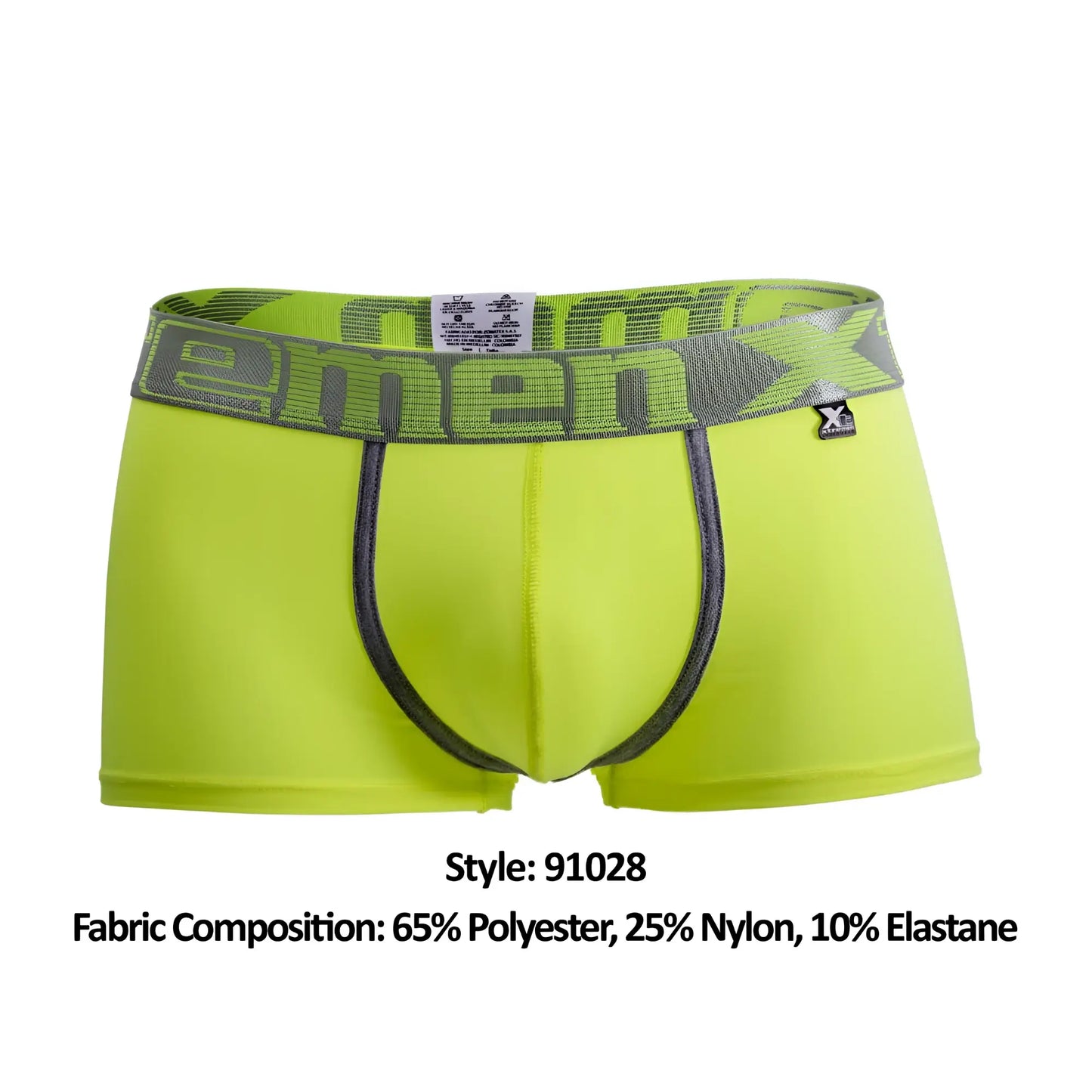 Bright neon green xtremen 91028 piping men’s boxer briefs with gray emenx logo waistband and brand tag