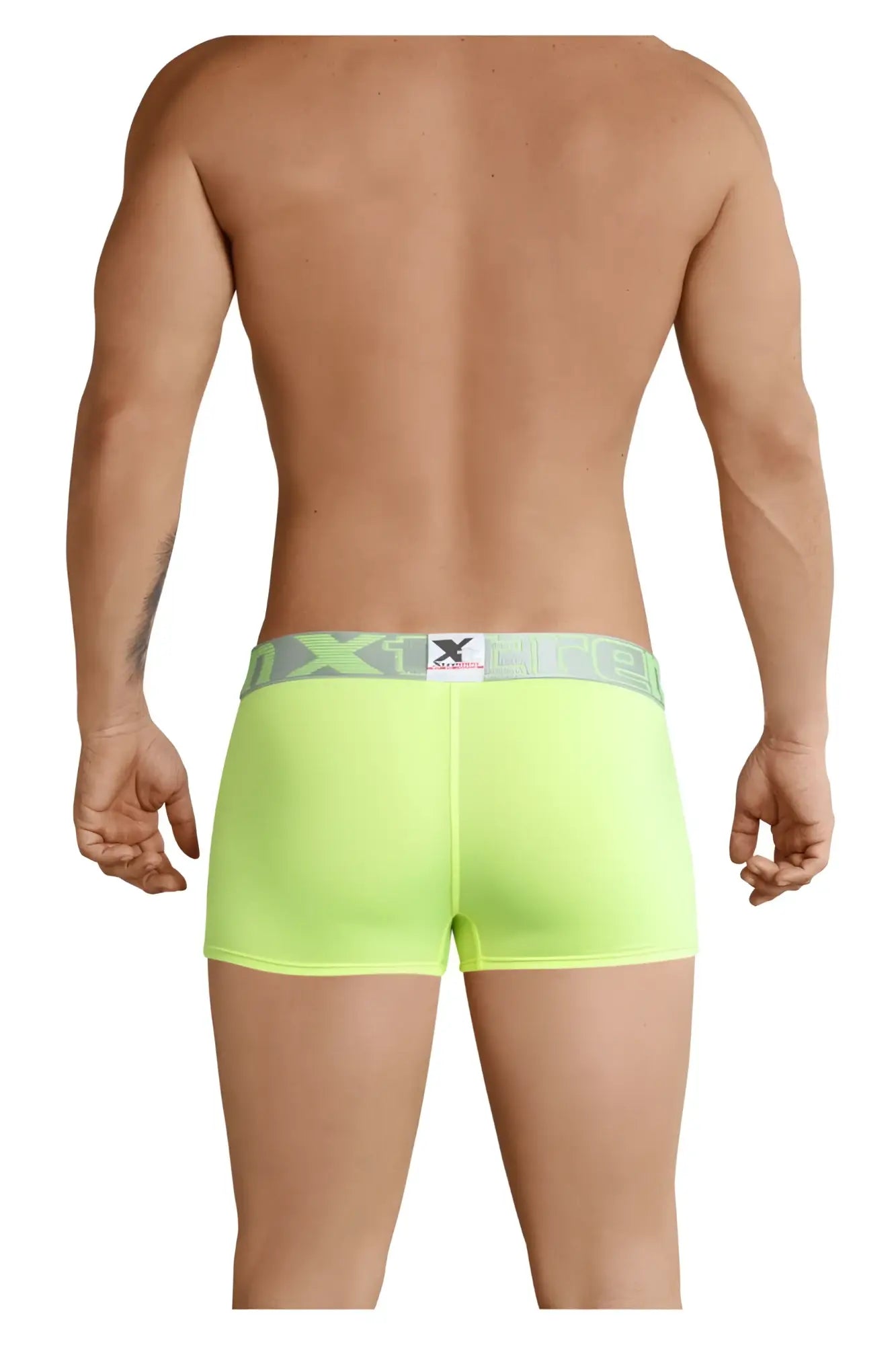 Neon green xtremen 91028 piping boxer briefs with gray elastic waistband and eagle emblem in front view