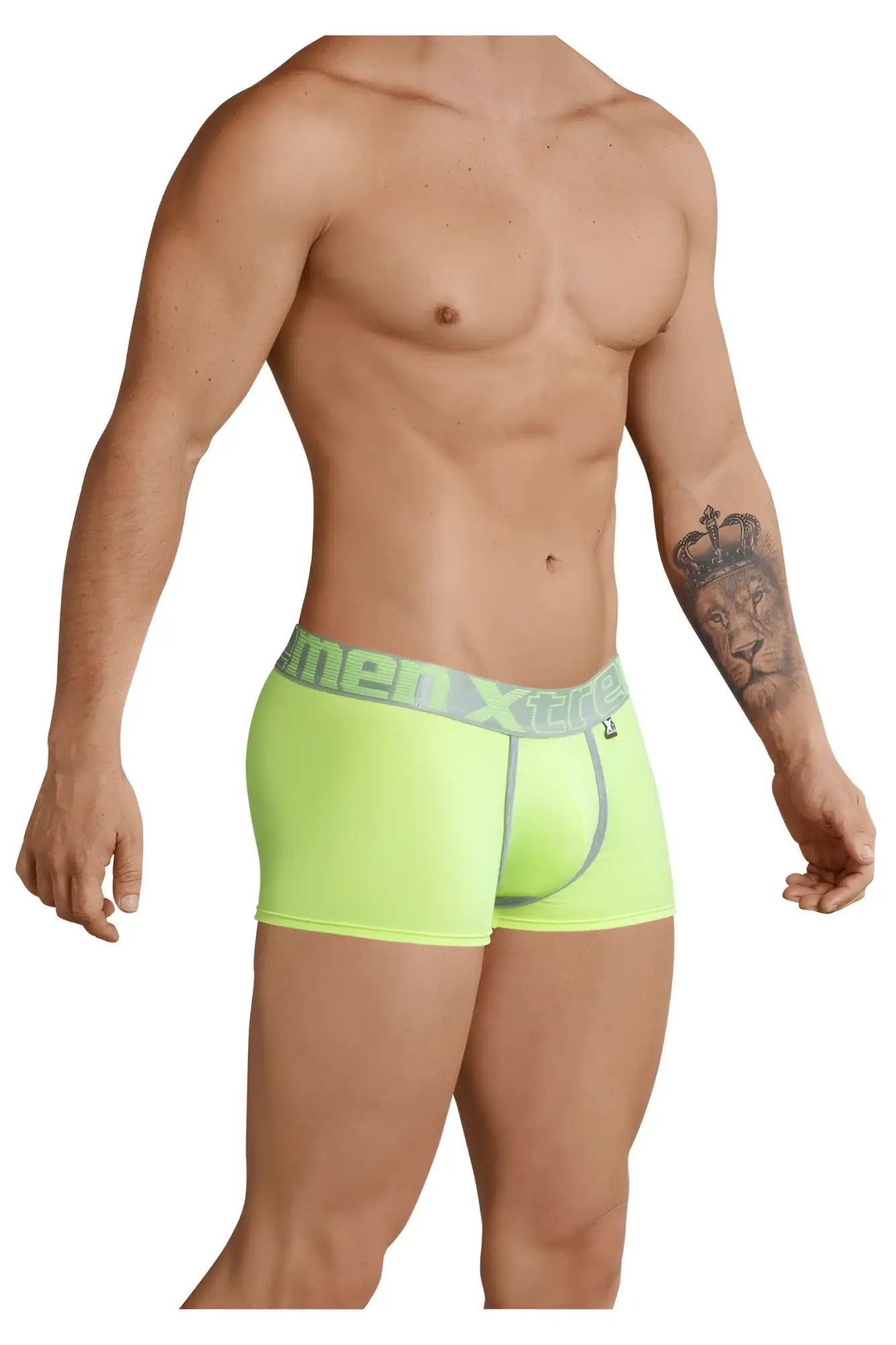 Neon green xtremen 91028 piping boxer briefs with gray elastic waistband and menextra brand name in bold lettering