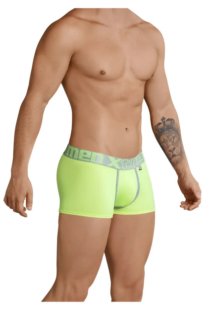 Neon green xtremen 91028 piping boxer briefs with gray elastic waistband and menextra brand name in bold lettering